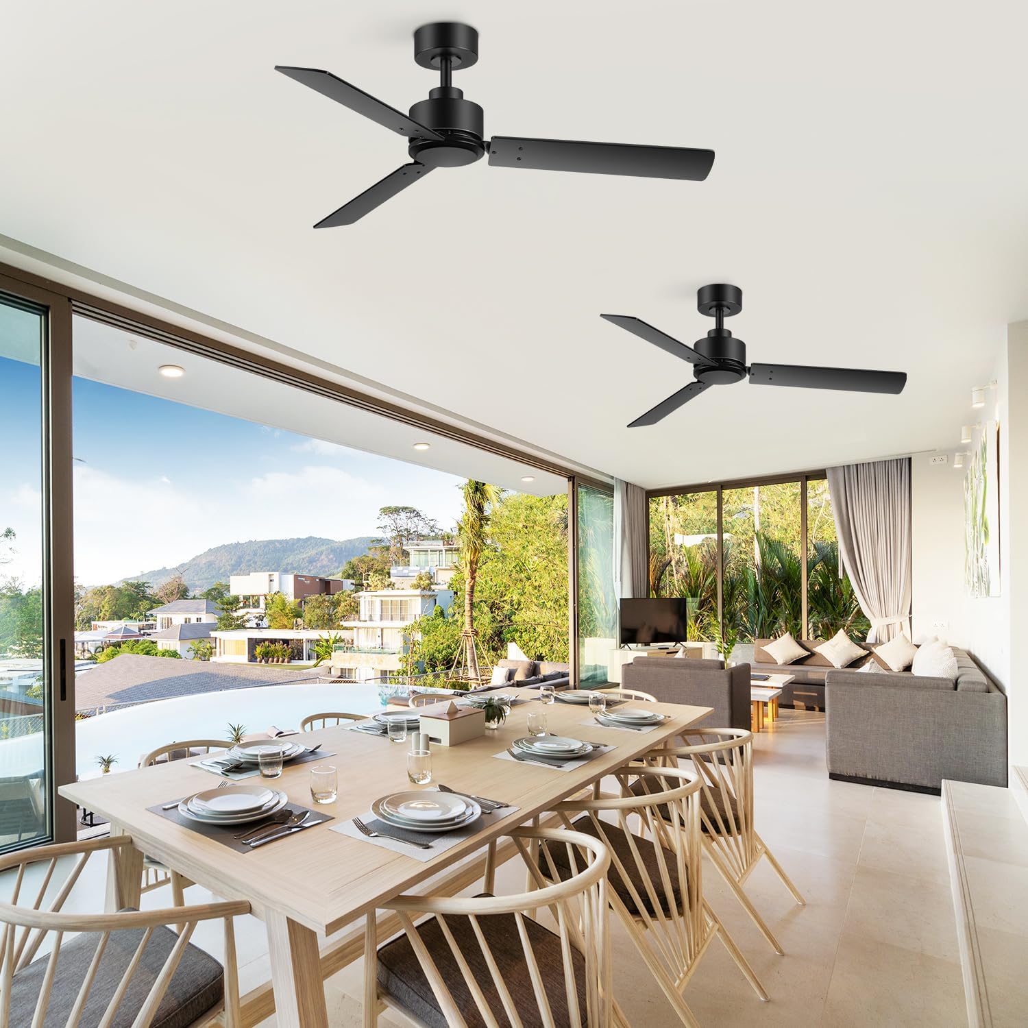 2 Pack 48 inch Ceiling Fans without Light, Black Ceiling Fan No Light with Quiet Reversible DC Motor, 6 Speeds, 3 Blades, Modern Ceiling Fans for Patio Living Room Bedroom Indoor