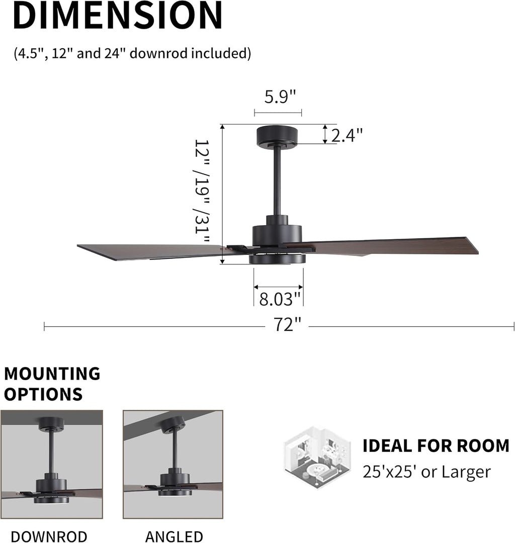 WINGBO 72 Inch Ceiling Fan with Light and Remote, 4 Plywood Blades, 6-Speed Reversible DC Motor, Dimmable, 3CCT, Farmhouse Ceiling Fan for Bedroom Living Room Kitchen, Black and Walnut/Shadowed Walnut