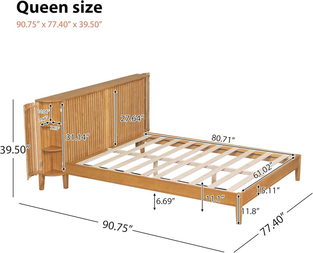 Christopher Knight Home Renata Queen Bed Frame with Grace Slat Headboard, Platform Bed with Side Cabinets, Wood Bed Frame Queen Size, Solid Stable Bedframe, No Box Spring Needed, Noise Free, Natural