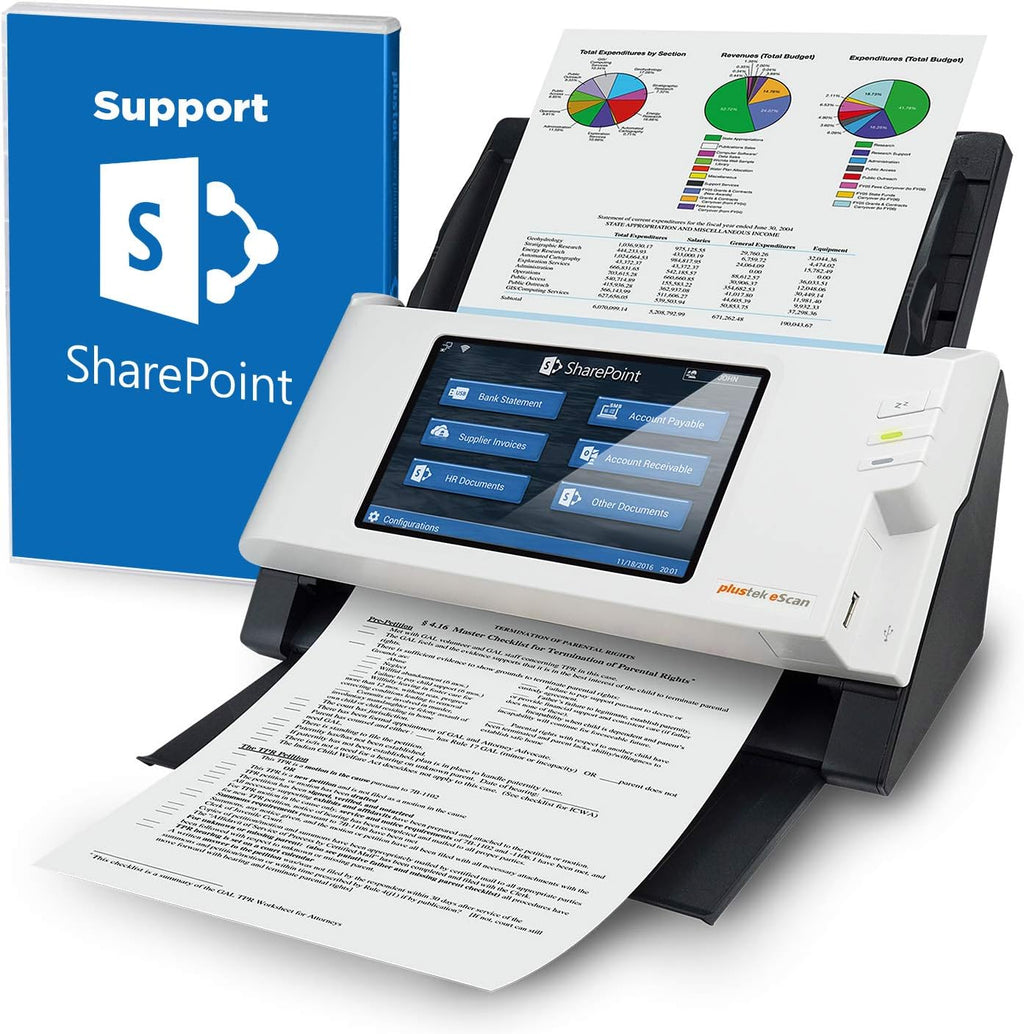 Plustek eScan SharePoint - Network Document Scanner Dedicated for Microsoft SharePoint and Office 365 – Standalone (PC-Less), 7' Color Touchscreen – 50-Sheet Automatic Document Feeder