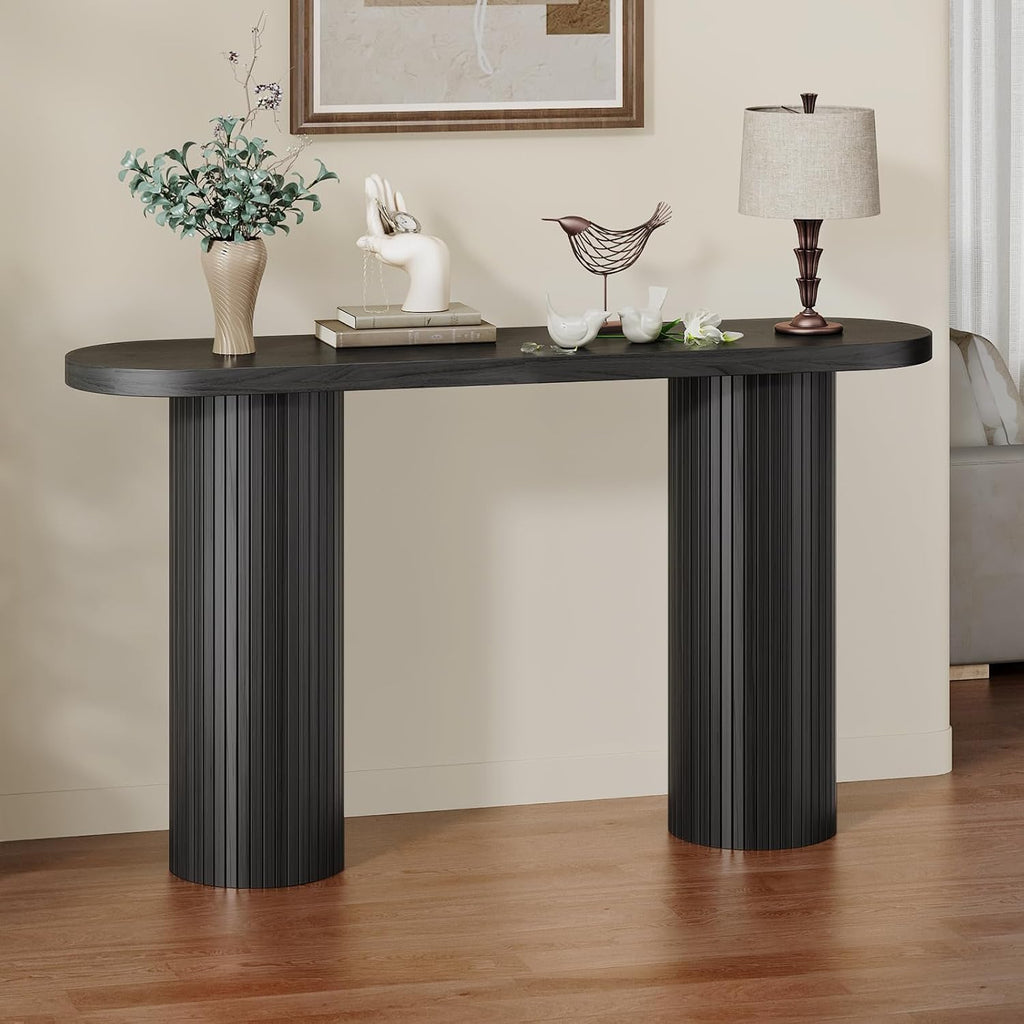 55 Inch Entryway Console Table, Fluted Sofa Table Behind The Couch, Mid-Century Modern Foyer Curved Table, Narrow Long Hallway Tables, Wooden Accent Home Decor Furniture for Living Room, Black