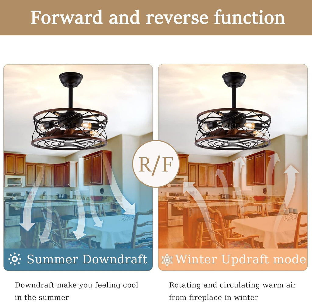Chandelier,Retro Ceiling Fans with Lights and Remote Control Black Mute Ceiling Fan with Lighting 6 Speed DC Reversible Timer Industrial Ceiling Fan with Lamp for Bedroom Bars-B