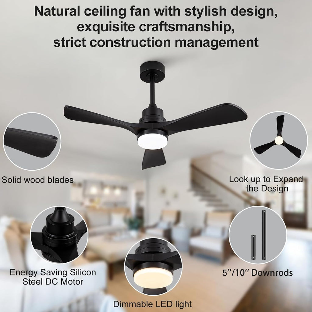 42 Inch Black Ceiling Fans with Lights and Remote Control,Dimmable LED Light,3 Wood Blades,Memory Function,Reversible DC Motor,Modern Indoor Outdoor Ceiling Fan for Patios Bedroom