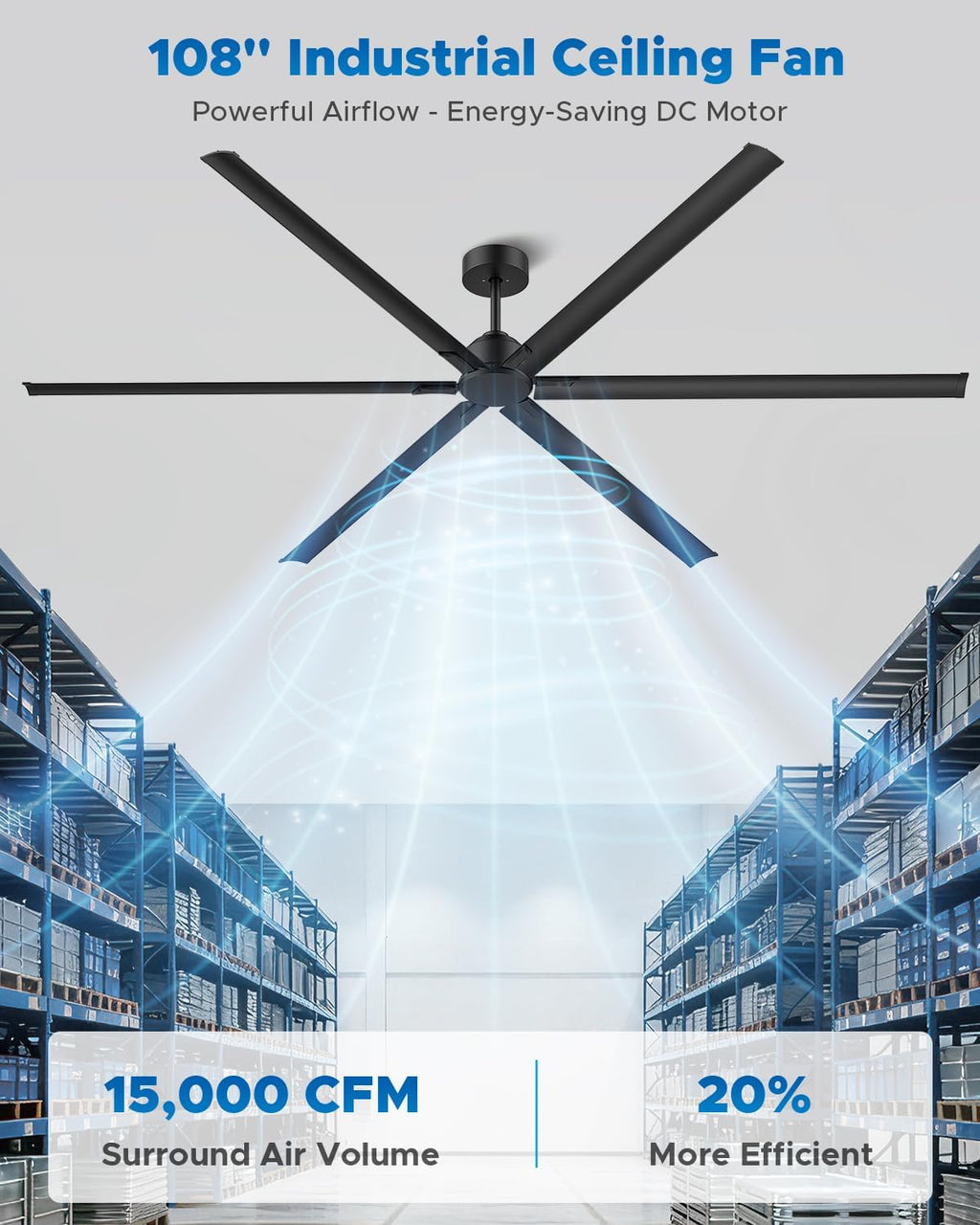 108 Inch Industrial Ceiling Fan, Large Commercial Ceiling Fan with 6 Aluminum Blades, HVLS Shop Fan for Garage Warehouse Gym, Quiet Reversible DC Motor, 6-Speed Remote, 3 Downrods, Black