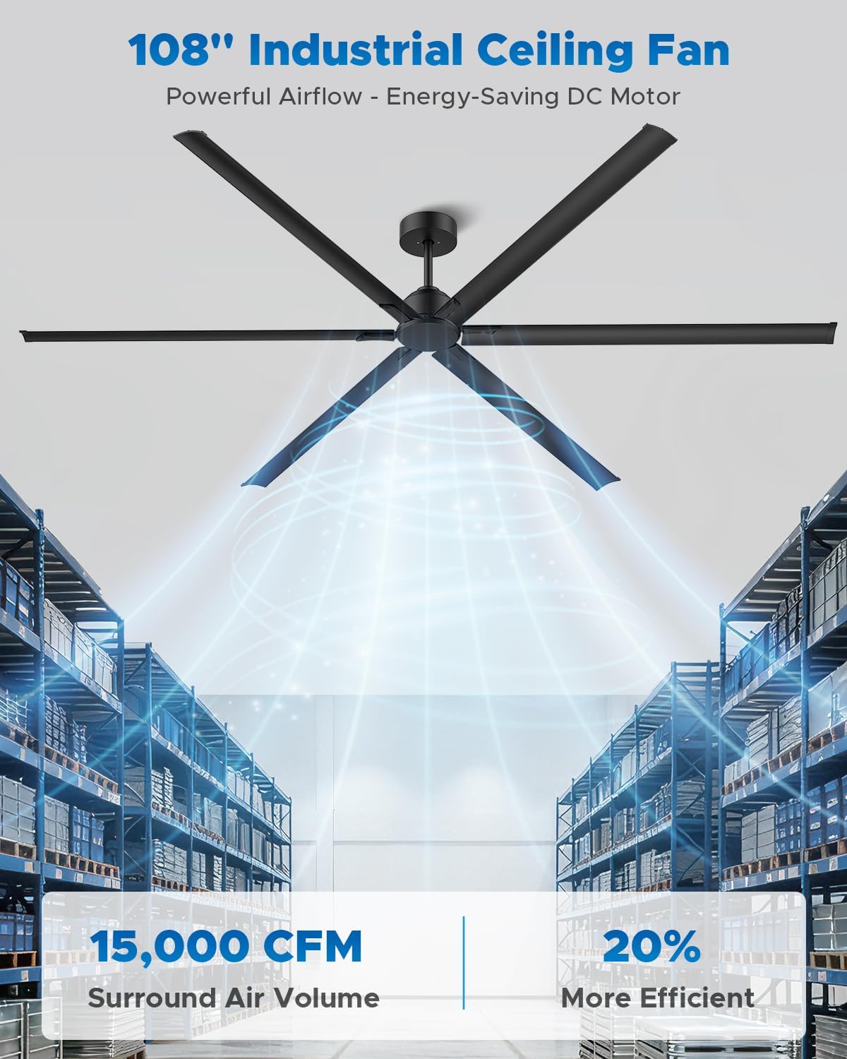 108 Inch Industrial Ceiling Fan, Large Commercial Ceiling Fan with 6 Aluminum Blades, HVLS Shop Fan for Garage Warehouse Gym, Quiet Reversible DC Motor, 6-Speed Remote, 3 Downrods, Black
