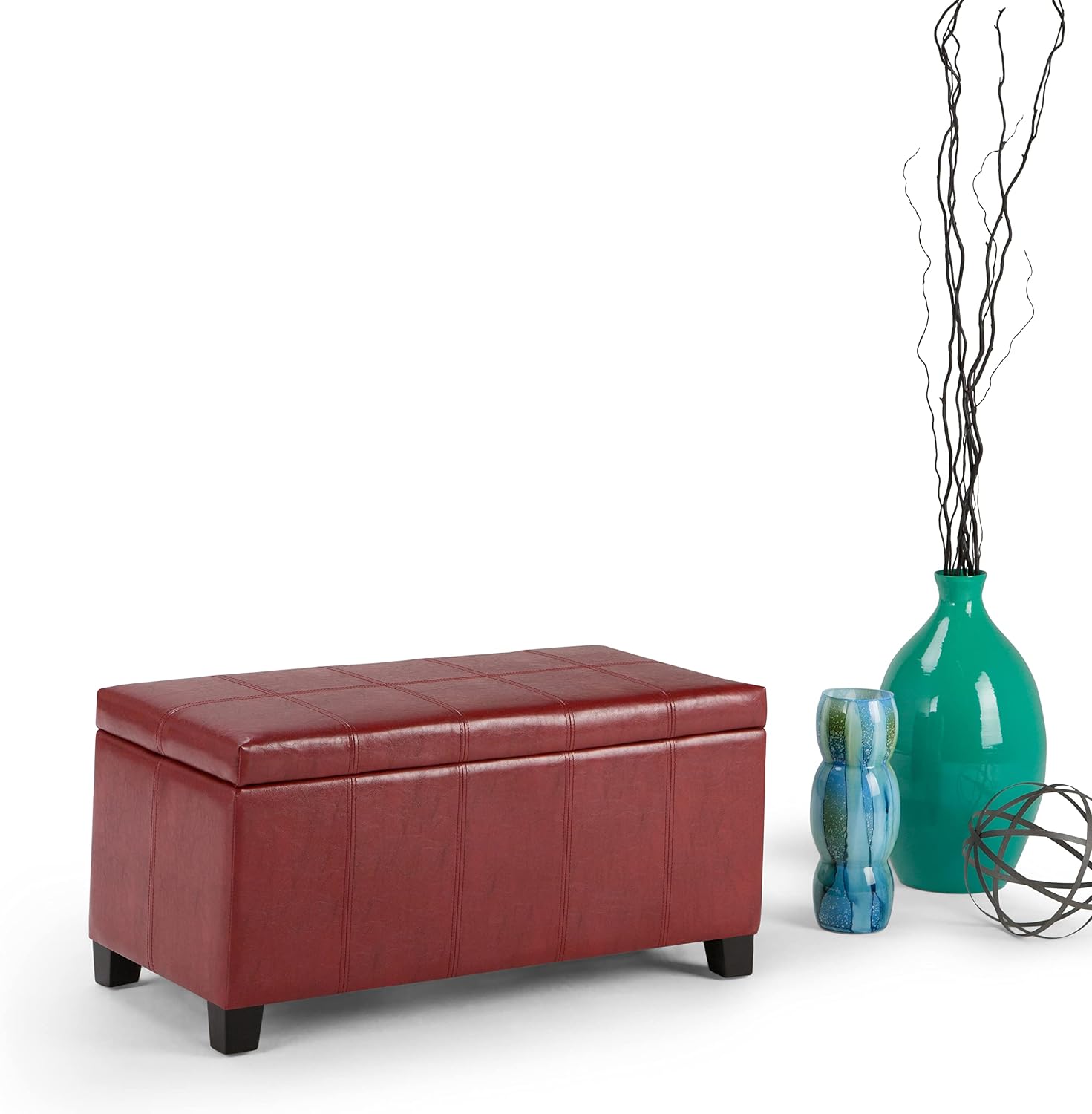SIMPLIHOME Dover Storage Ottoman Bench - 36 inch Wide Upholstered Vegan Leather Rectangular Lift-Top Ottoman in Radicchio Red, Contemporary Bench for Living Room with Safety Hinges