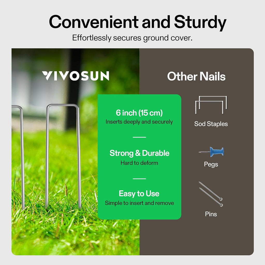 VIVOSUN 3'' Depth Ground Grid and 6 Inch 100-Pack Landscape Staples, Galvanized Steel Garden Stakes 11 Gauge U-Shaped Pins for Weed Barrier Fabric, Soaker Hose, Holding Fence