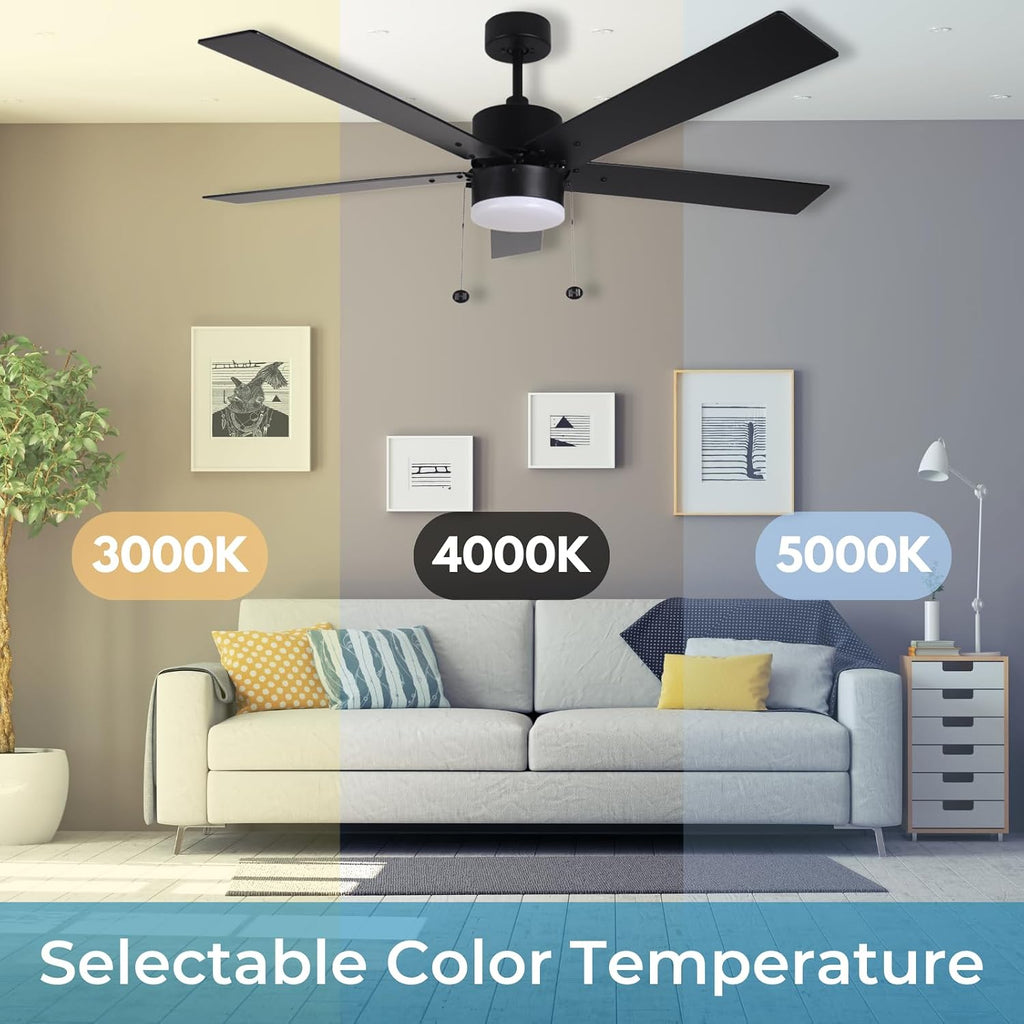 54 Inch Ceiling Fan with LED Light Matte Black Indoor/Outdoor Ceiling Fan with Pull Chain Dimmable 3-Color Temperature 3000K 4000K 5000K Reversible Motor for Bedroom Living Room Patio