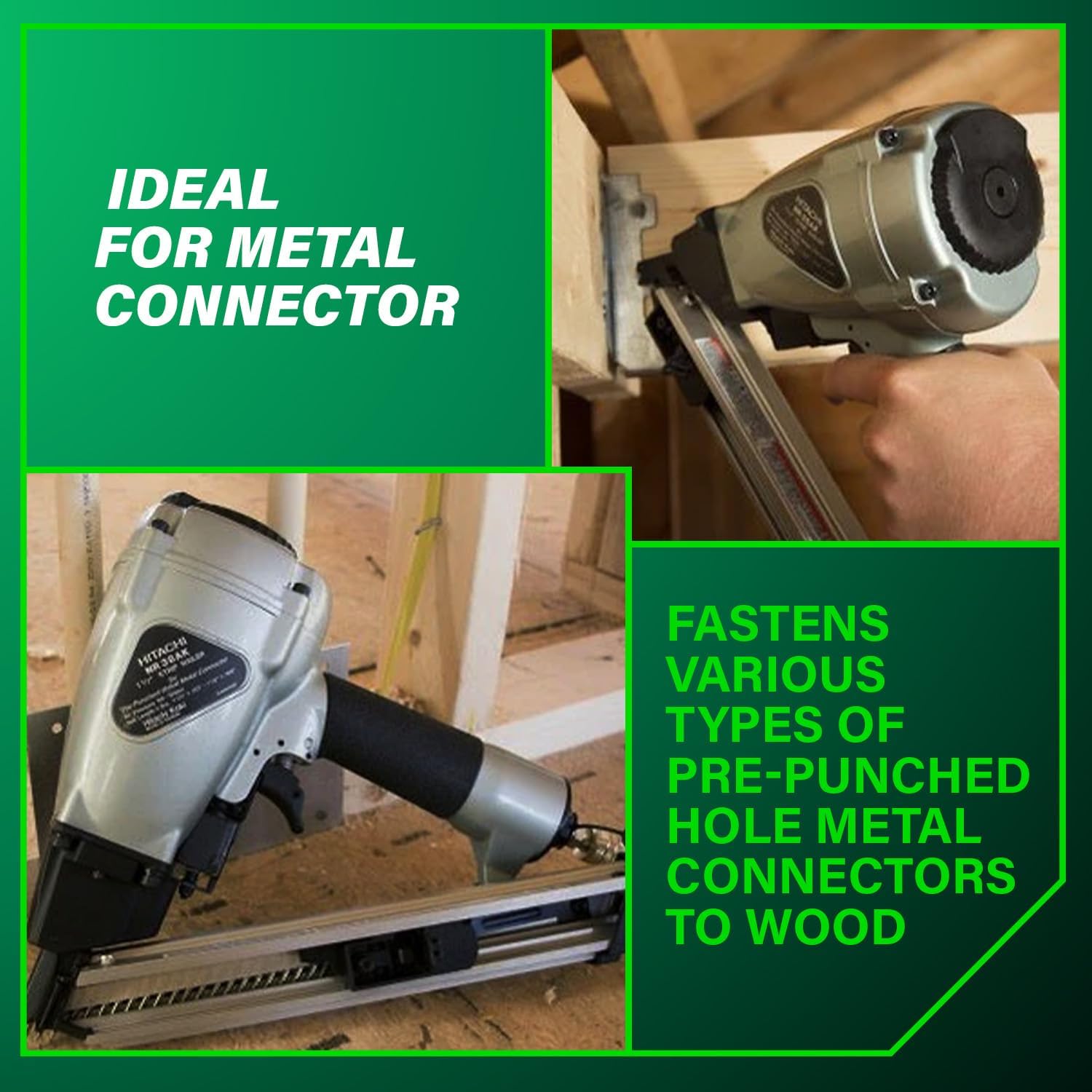 Metabo HPT Strap-Tite Fastening System Strip Nailer, Pro-preferred Pneumatic Power Nailers, Metal Connector Tool for Fastening Metal Connectors to Wood, 36° Magazine, 1-1/2″ Connector Nails, NR38AK