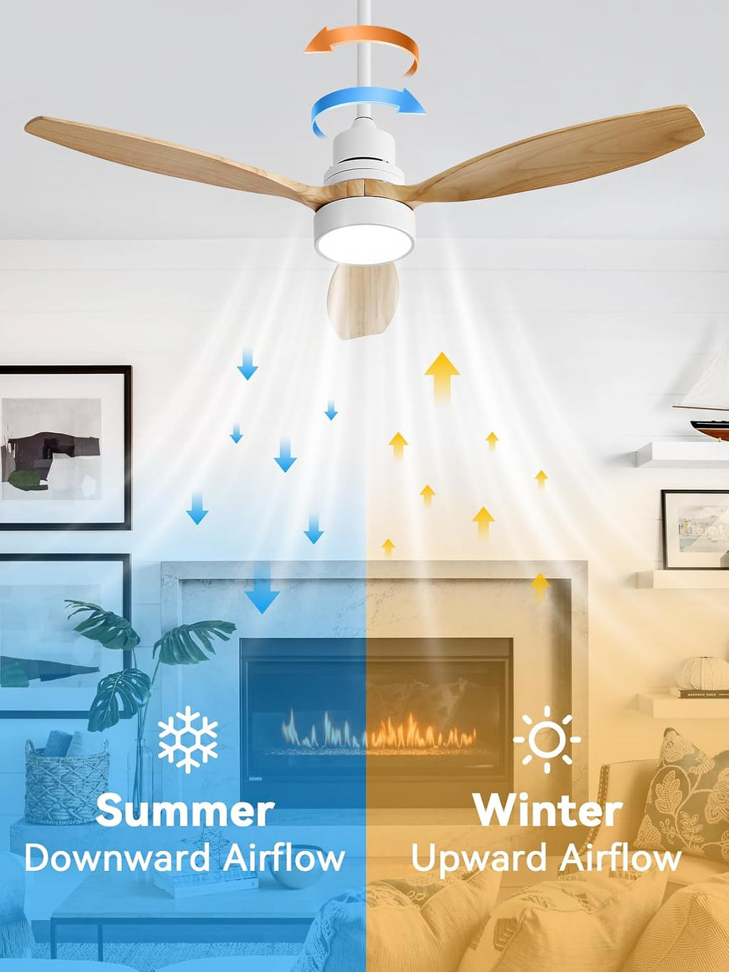 Sofucor Ceiling Fan with Lights, 52 Inch Modern Wood Ceiling Fan with Remote for Indoor Farmhouse Bedroom Living Room Outdoor Patio Porch, Reversible DC Motor, Noiseless