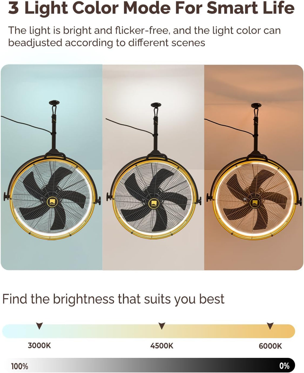 Orison 24.8'' Outdoor/Indoor Garage Ceiling Fan, 6 Speed Ceiling Mounted Plug-In Cord Garage Fan with Remote&APP, Manual Vertical Rotation, Hook hanging for Gazebo, Patio, Yellow