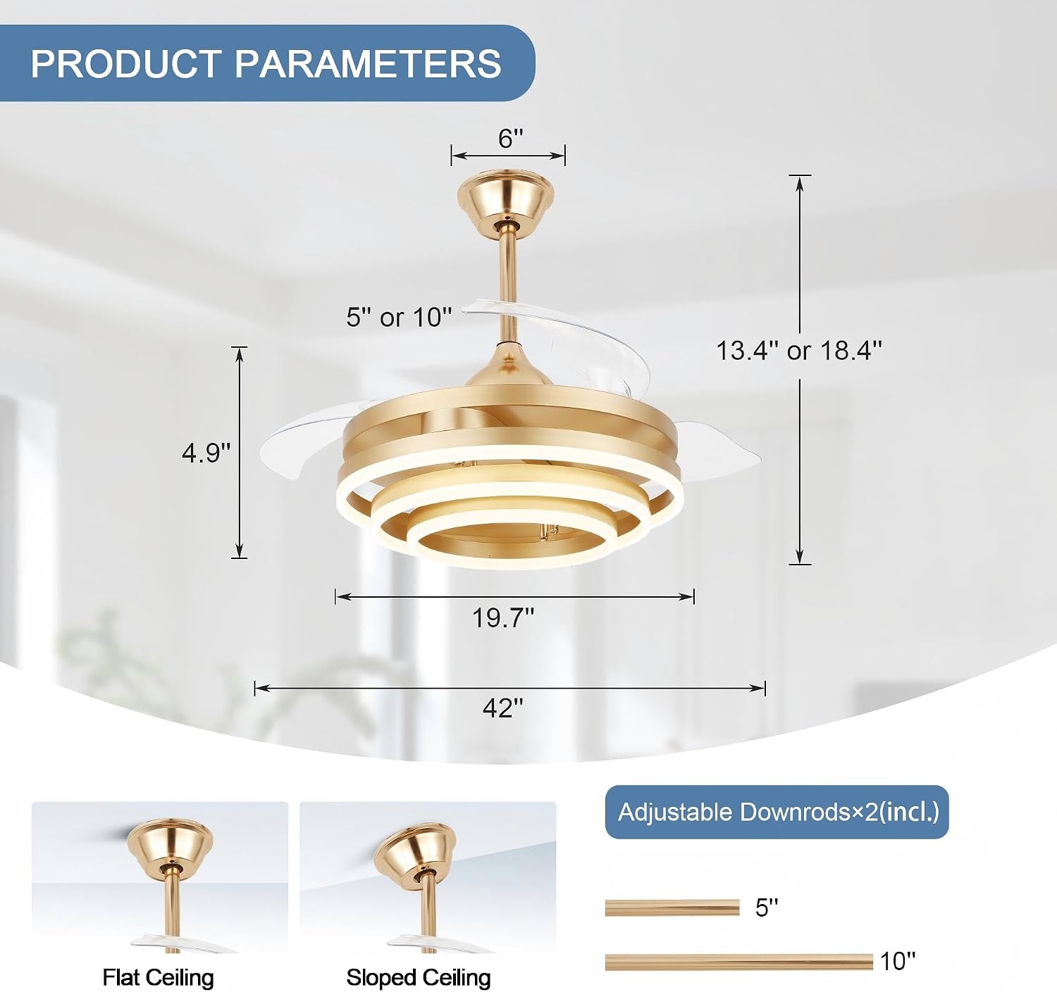 42' Gold Fandelier Ceiling Fan Retractable Ceiling Fan with Lights Remote Control, Modern Chandelier LED Light, Silent DC Motor Reversible 6 Speeds for Bedroom Living Room Kitchen