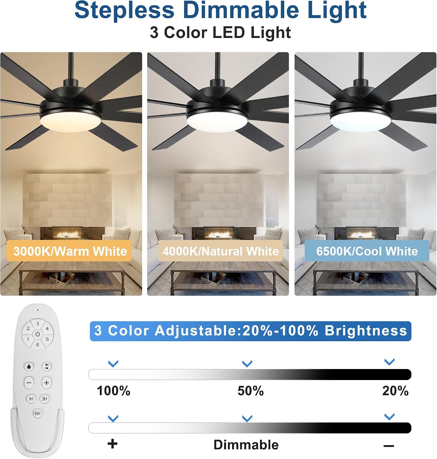72 Inch Ceiling Fans with Lights - Large Black Ceiling Fan with Light and Remote for Bedroom Living Room Indoor - 6 Speeds Reversible DC Motor, 3 CCT, Timer Remote Control