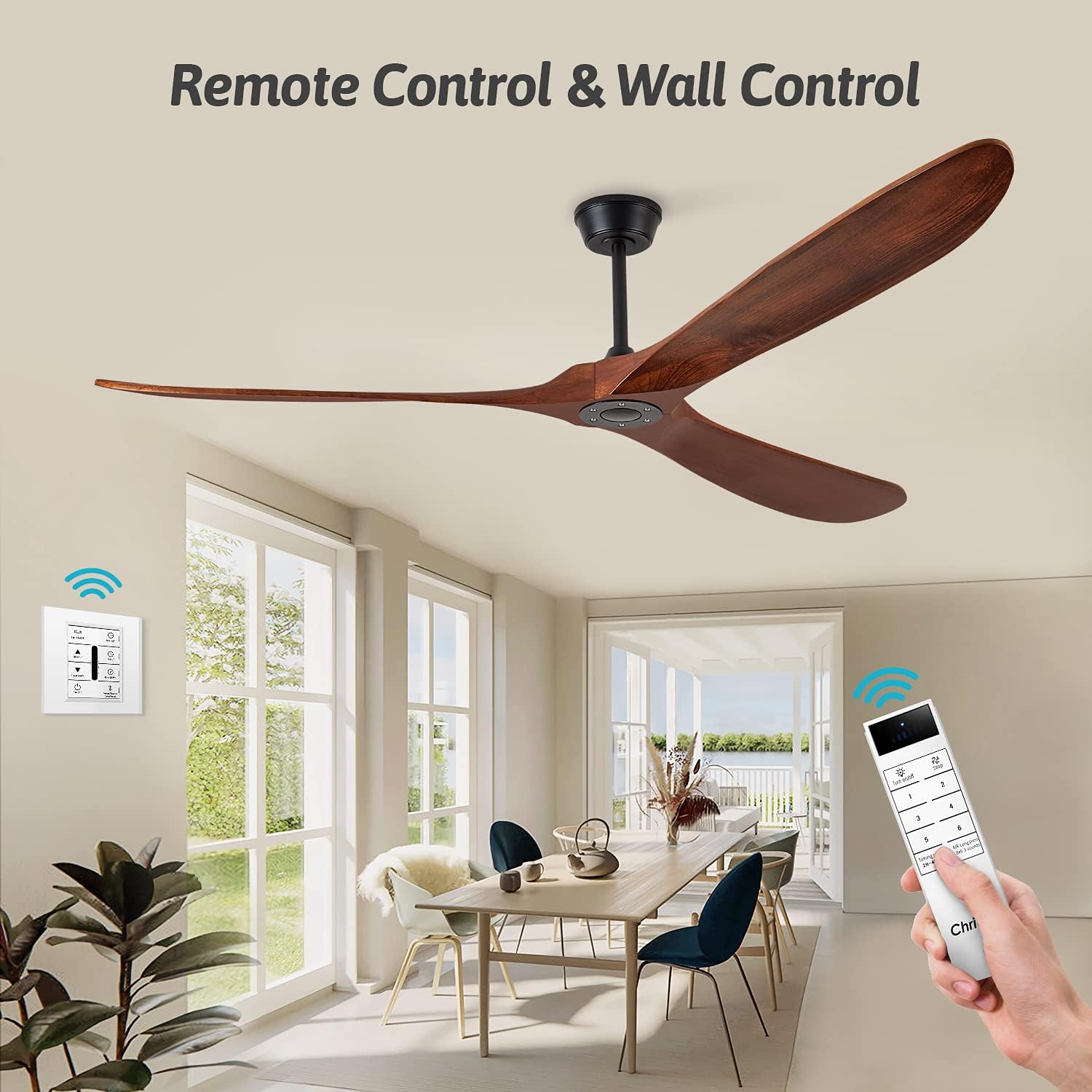 60'' Walnut Ceiling Fan with 3 Wood Blades, 6 Speeds Smart Timing Reversible DC Motor, Modern Black Fan for Indoor/Outdoor Farmhouse/Patios