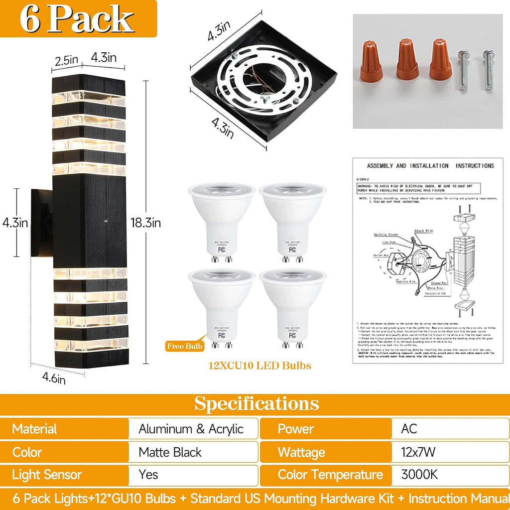 Dusk to Dawn Led Outdoor Wall Light,6 Pack Outdoor Garage Lighting Fixtures，18.3 in Modern Porch Light,Up and Down Exterior Wall Sconce,Waterproof Exterior Lights for House with 12 * 7W Bulbs