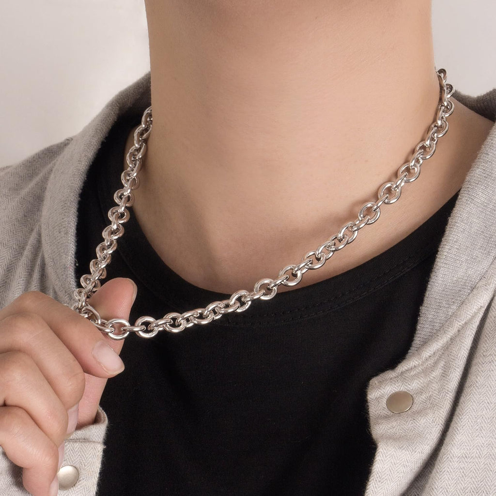 Dankadi 925 Sterling Silver Classic Round Cable Wire Link Necklace Men Cuban Curb Oval Belcher Link Chain Choker 16 to 30 in For Women 24k Gold Plated Jewelry Gift (8.5MM Silver, 20 inch)