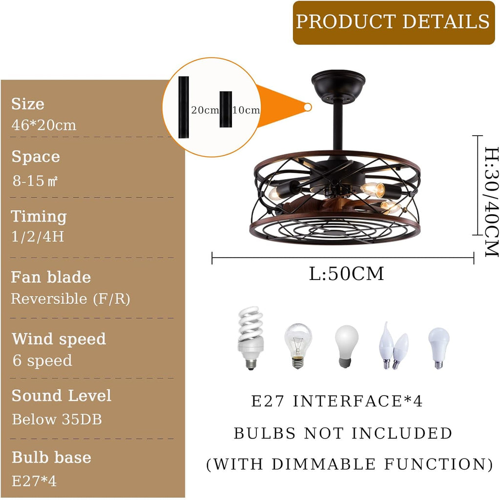 Chandelier,Retro Ceiling Fans with Lights and Remote Control Black Mute Ceiling Fan with Lighting 6 Speed DC Reversible Timer Industrial Ceiling Fan with Lamp for Bedroom Bars-B