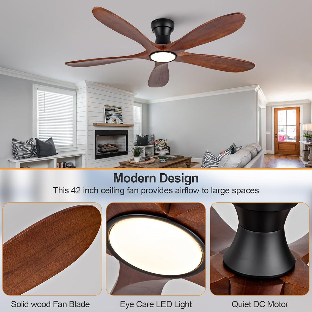 52 Inch Flush Mount Ceiling Fans with Lights and Remote, Dimmable 5 Blade Wood Outdoor Ceiling Fan Outdoor Fans for Patios Low Profile Modern Ceiling Fan with Light for Bedroom Living Room