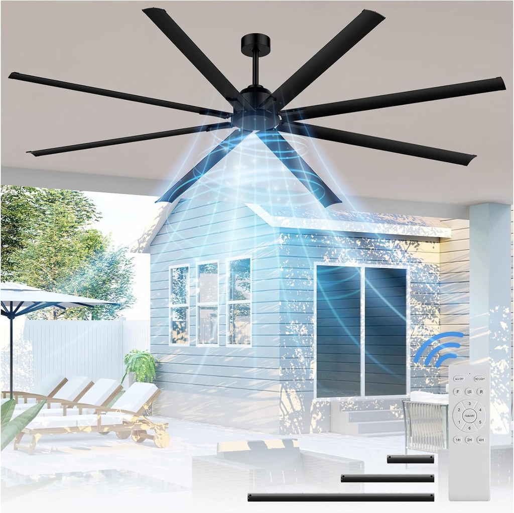 [HVLS]96 Inch Industrial Ceiling Fan, Extra Large Commercial Big Assed Ceiling Fan, 8 Aluminum Blades, Reversible DC Motor, Remote Control with 6 Speeds, 3 Downrods, for Shop, Garage, Gym, Black