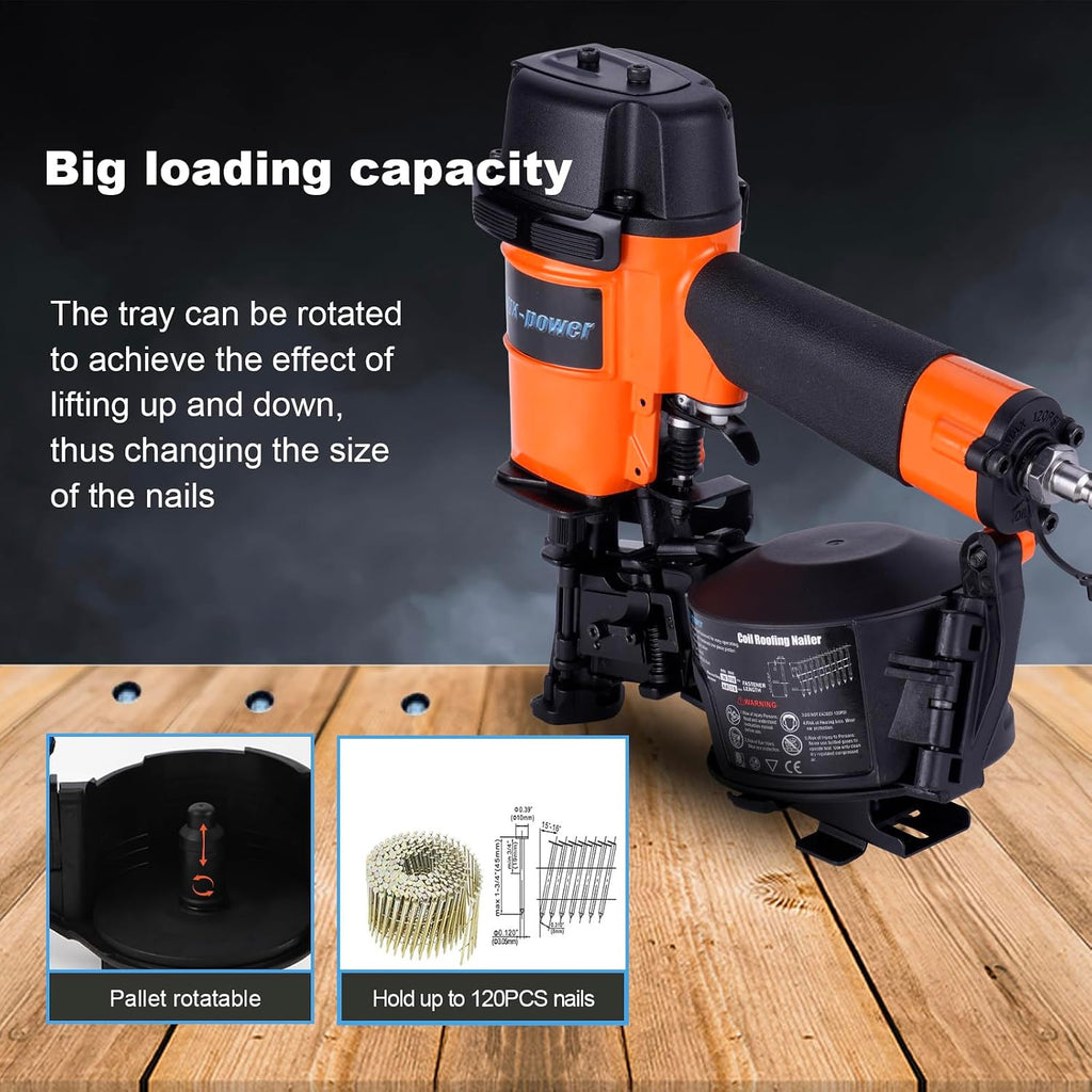 Roofing Nail Gun, 15 Degree CN45N Roofing Nailer 3/4-Inch to 1-3/4-Inch Coil Nails, 120-pcs Load Capacity Coil Nailer