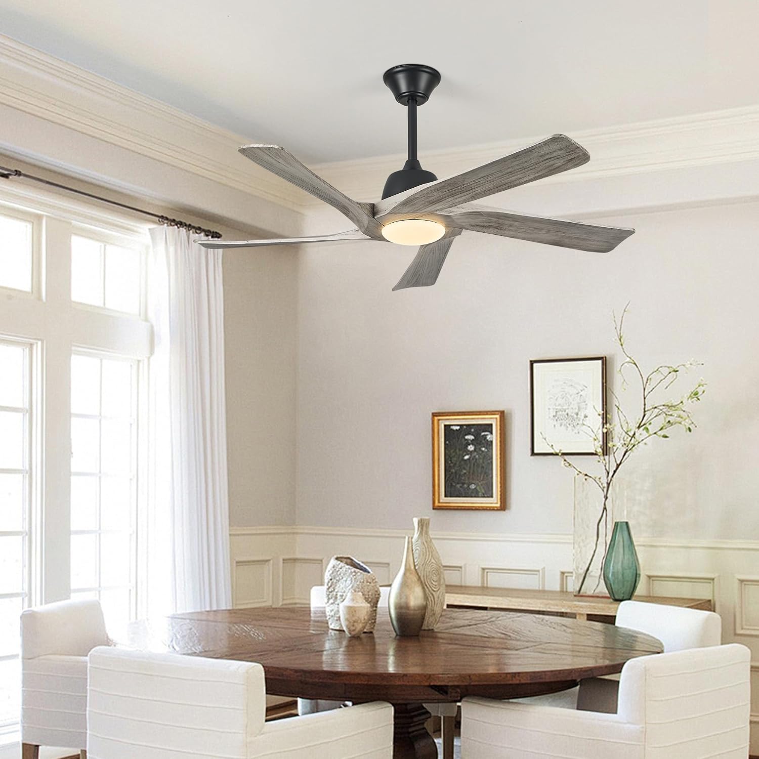 52 Inch Solid Wood Ceiling Fan with Lights, Remote and APP Control, 3-color Dimmable LED, DC Motor, 6-speed Reversible, Modern Ceiling Fans for Bedroom, Living Room, Greywood