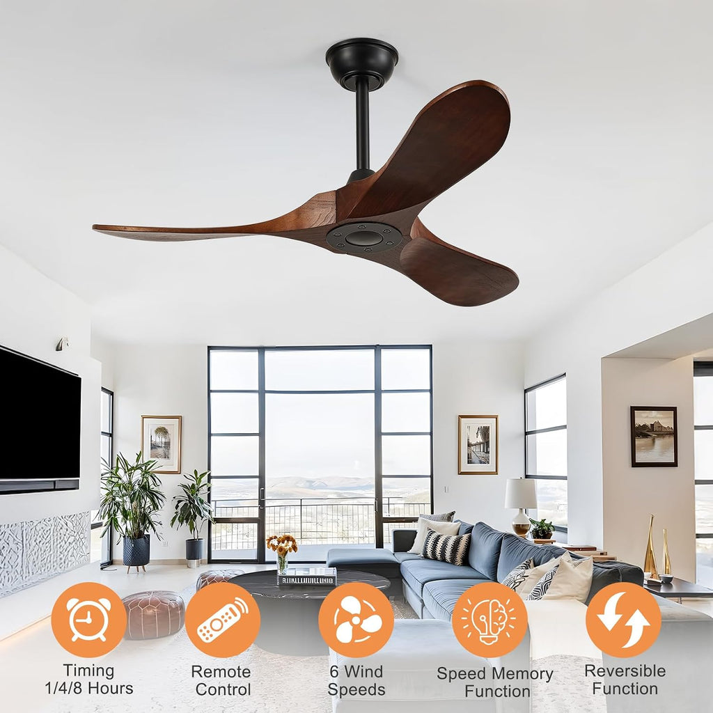 42-Inch Wood Ceiling Fan without Light,Quiet and Large Airflow,Speed Memory,2 Down Rods,Small Ceiling Fan for Bedroom,Patios,Garage (Dark Walnut, 42 inch)
