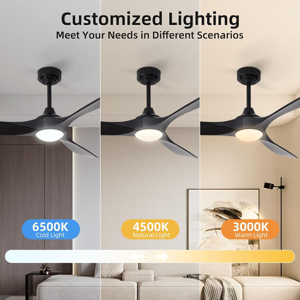 60' Outdoor Ceiling Fan with Light 3 Downrods, Smart Wood Ceiling Fan Compatible with Alexa/Google/App, 3 Blades Modern Black Wood Ceiling Fans for Kitchen Living Room Patio