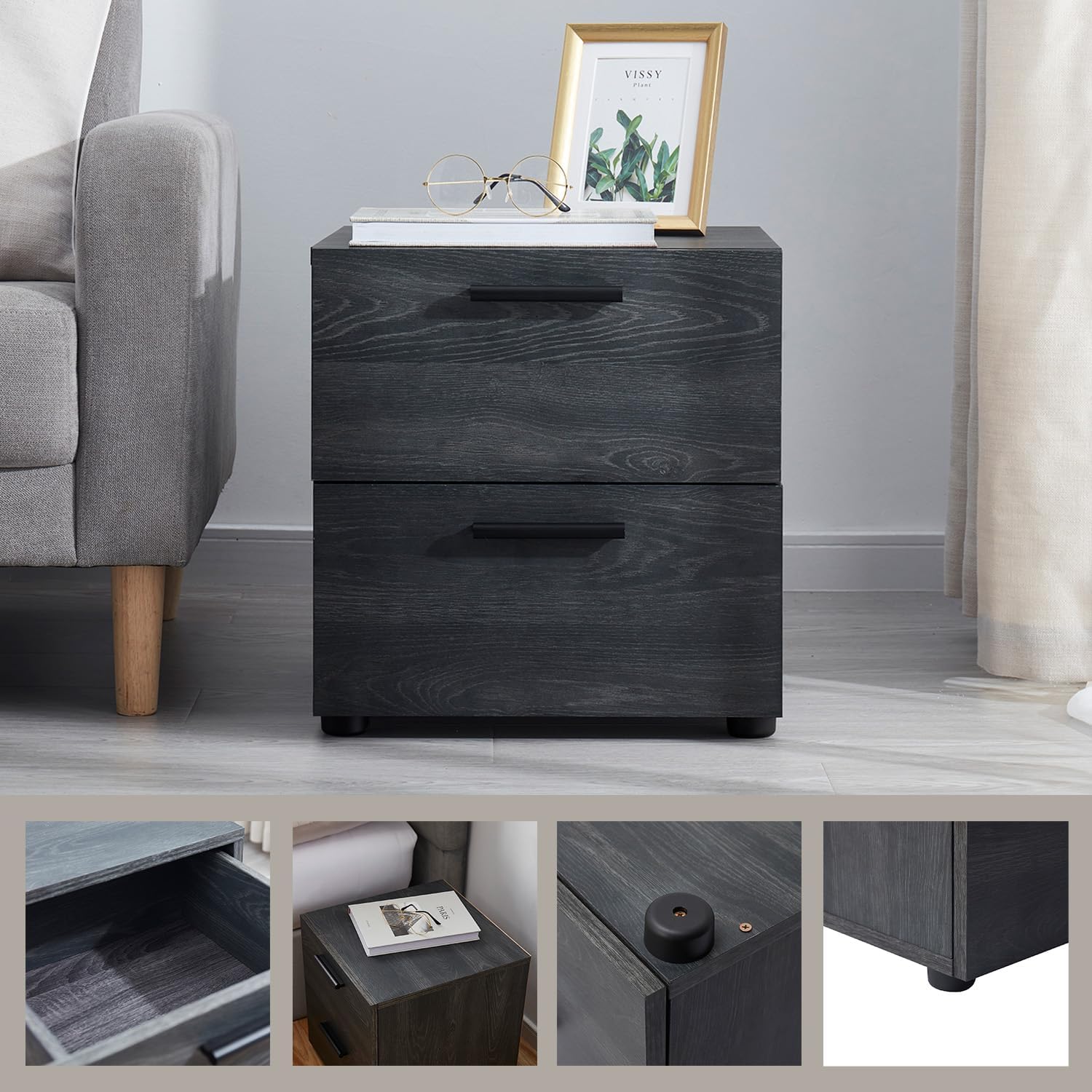 Nestl Night Stand, 2-Drawer Bedside Table for Bedroom Storage, Bedroom Essentials, Wooden Nightstand, Living Room Side Table, Wood End Table, Bedroom Furniture - 2 Piece, Black