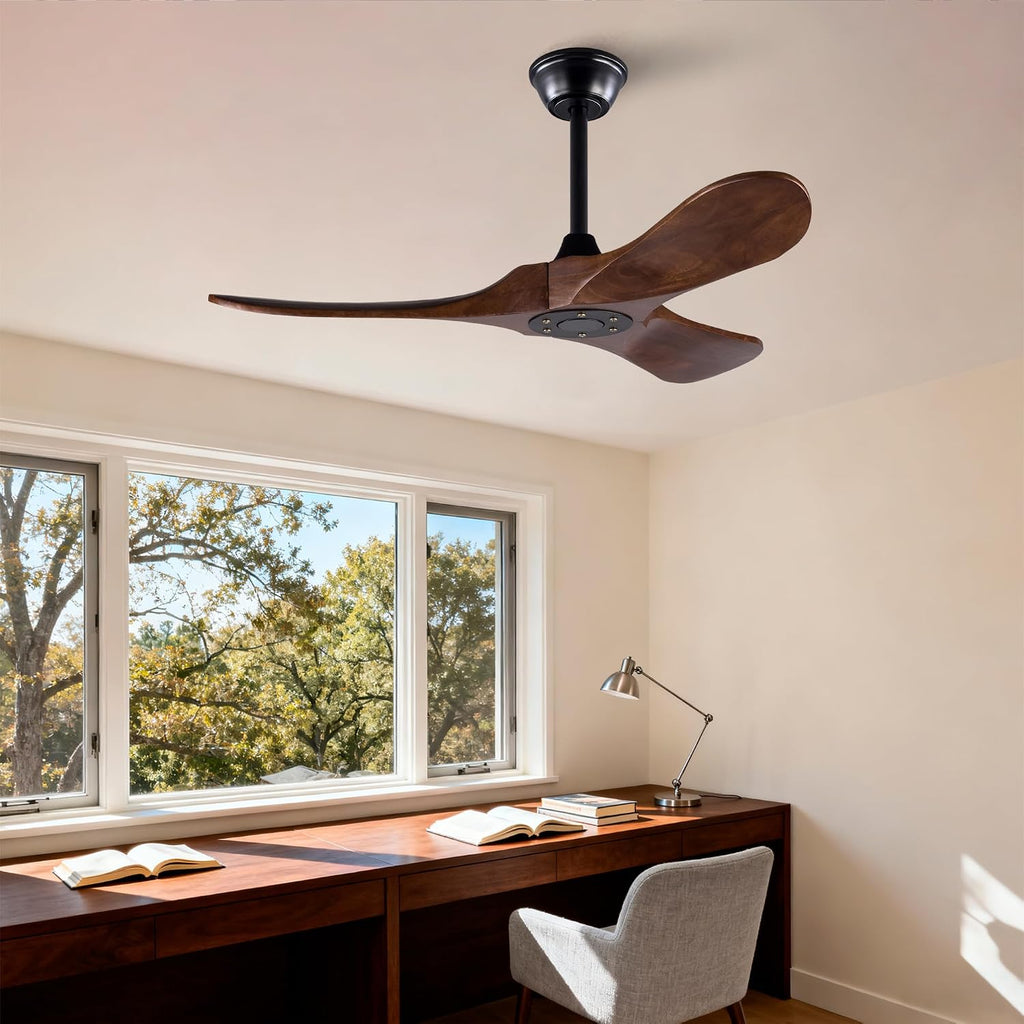 42' Solid Wood Ceiling Fan, Outdoor, 3 Blade, No Light, Walnut, for Patio Living Room Bedroom Porch, Remote Control, Water Resistant