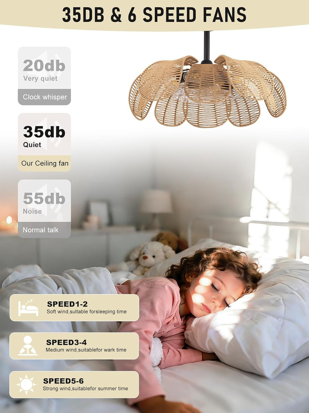 Boho Ceiling Fan with Light, Rattan Fandelier Ceiling Fan with Light and Remote Control, Flower Chandelier Fan for Bedroom, Living Room,Kitchen,Foyer(26 Inch, 6 Speed, Timing Adjustable Height)