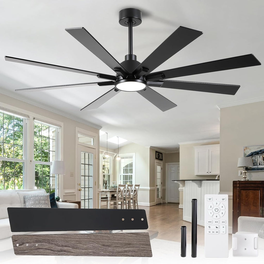 62 Inch Ceiling Fans with Lights and Remote, Pure Copper DC Motor Black Large Indoor/Outdoor Modern Industrial Ceiling Fan, Quiet, 6 Speed, 3CCT, for Patios Living Room Farmhouse Garage