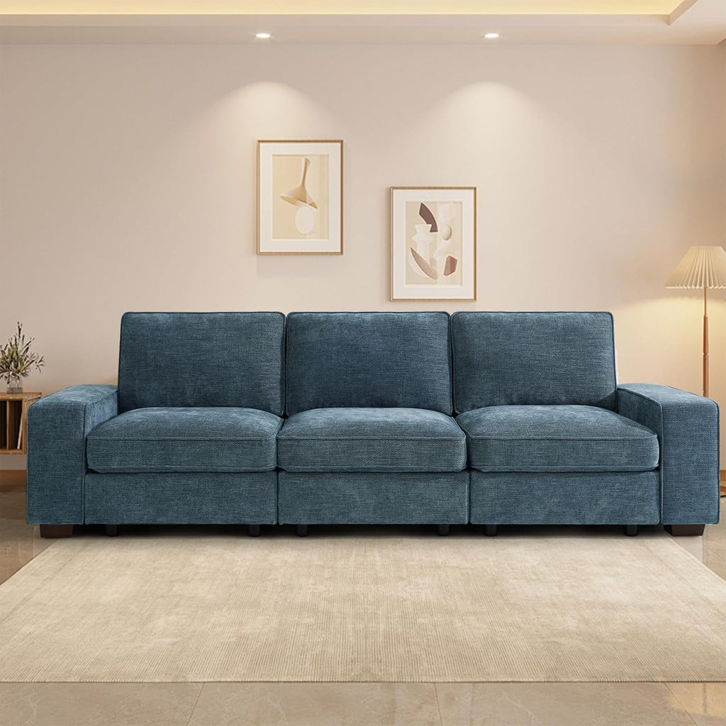 TEKAMON 100' Modular Sofa with Seats Storage, Comfy 3-Seater Chenille Fabric Couch for Living Room, Office, Apart W/Deep Seat, USB Charging, Upholstered Couch with Removable Cover (Blue)
