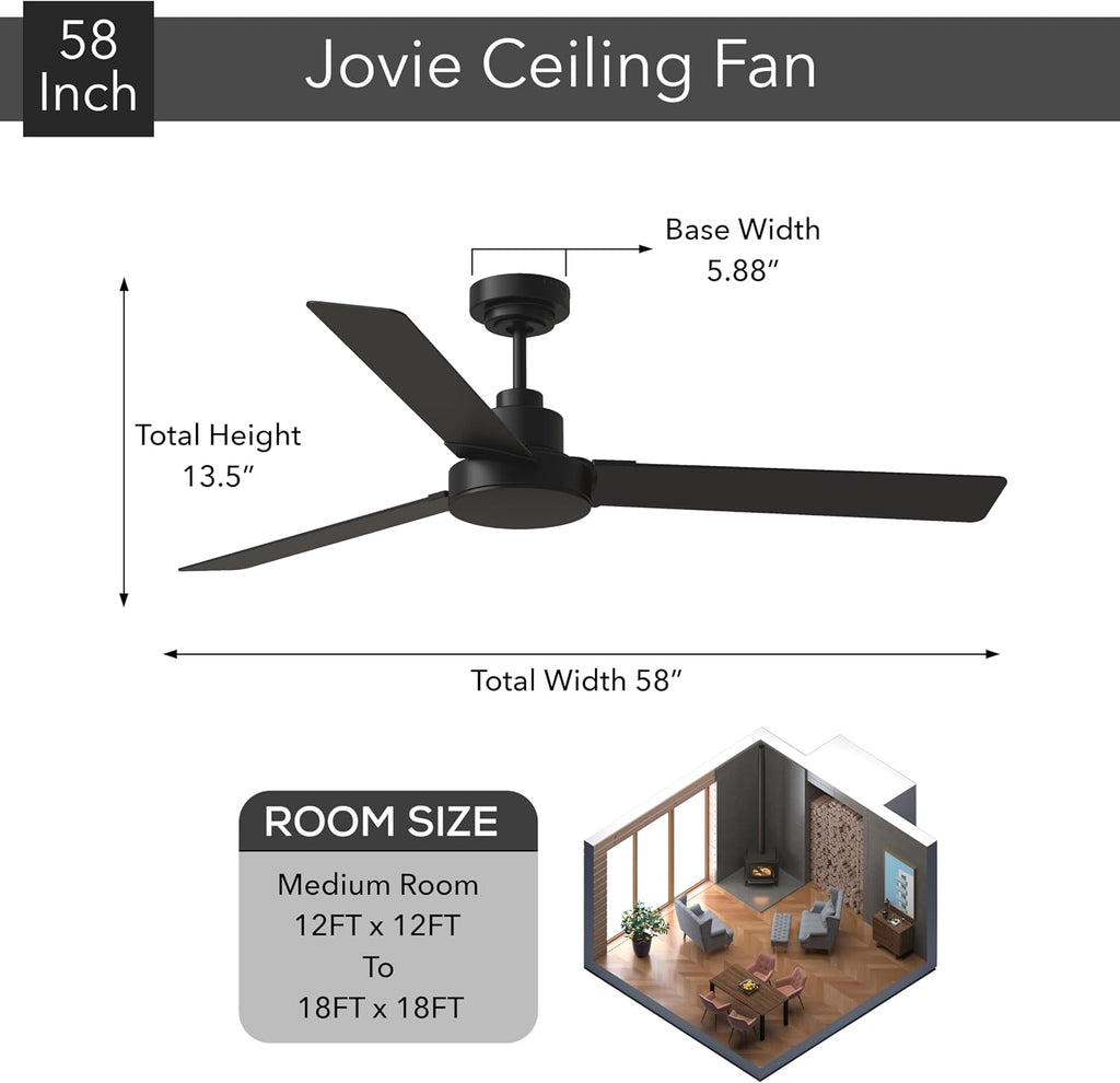Monte Carlo Fans Jovie 3 Blade Ceiling Fan in Modern Style 58 Inch Wide 14.7 Inch Tall Midnight Black Finish with LED