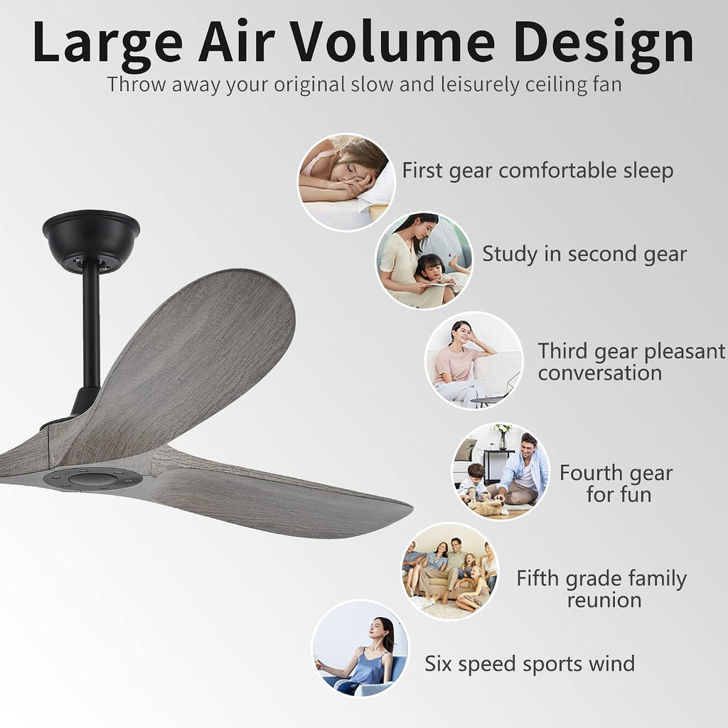 60 Inch Ceiling Fans with Remote Control,3 Imitation Wood ABS Blades, 6 Speeds, Noiseless Reversible DC Motor,Indoor/Outdoor Ceiling Fan for Farmhouse Living Room Dining Room Patio