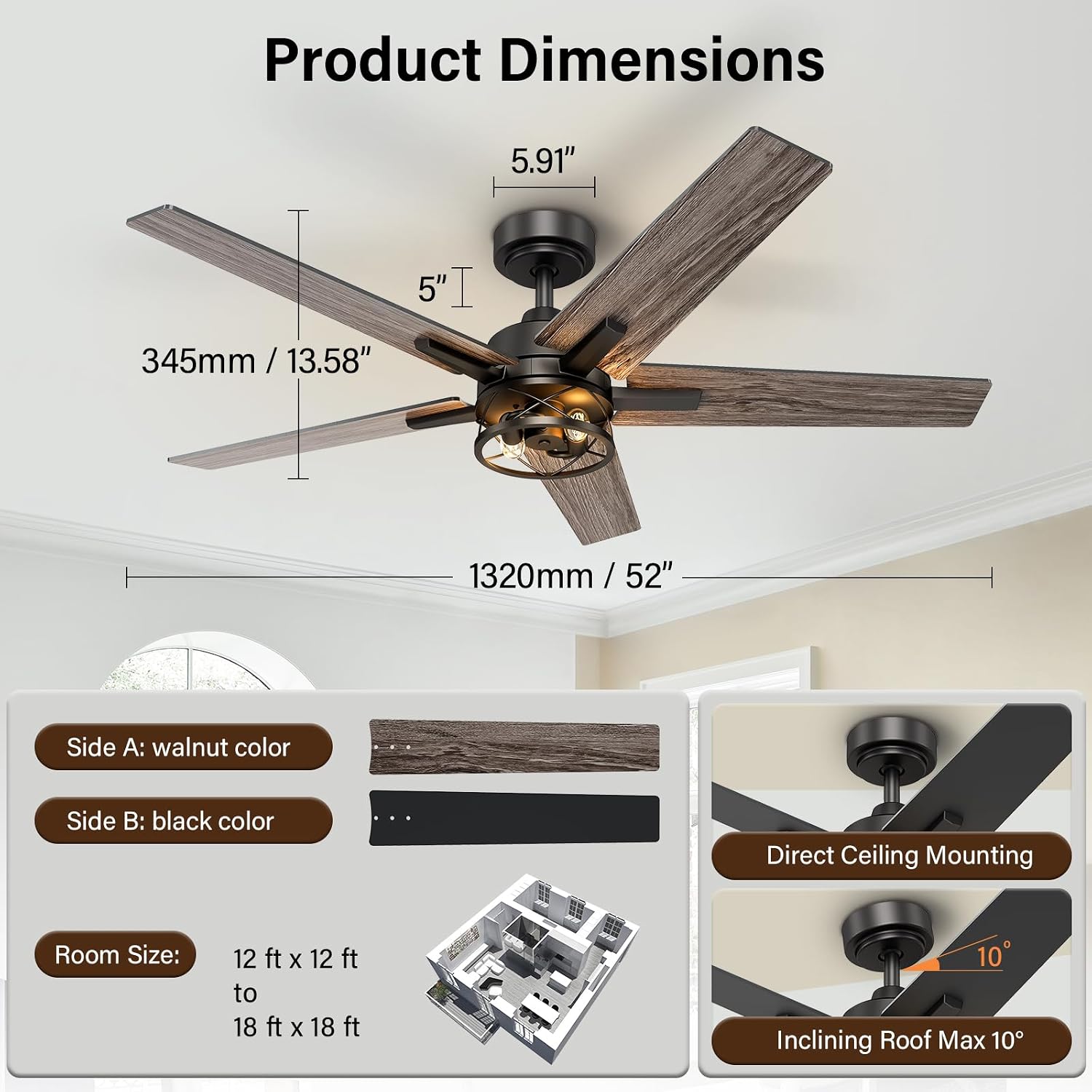52 Inch Black Caged Ceiling Fans with Lights and Remote, Reversible, 3CCT, Dimmable, Noiseless, Double-Sided 5 Blades Ceiling Fan for Bedroom, Farmhouse, Living Room, No Light Bulbs Included