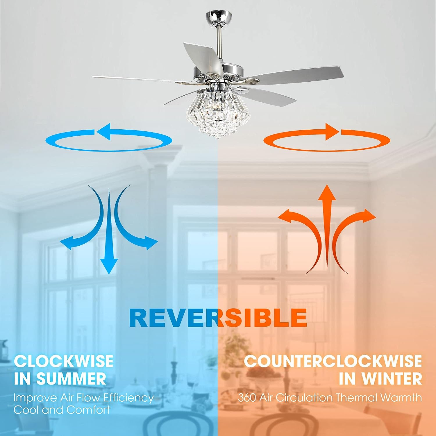 Parrot Uncle Ceiling Fans with Lights and Remote, 52 Inch Crystal Chandelier Lighting Ceiling Fans for Bedroom Living Room, Ventiladores De Techo Modernos, Reversible 5 Blades, Timer, Silver