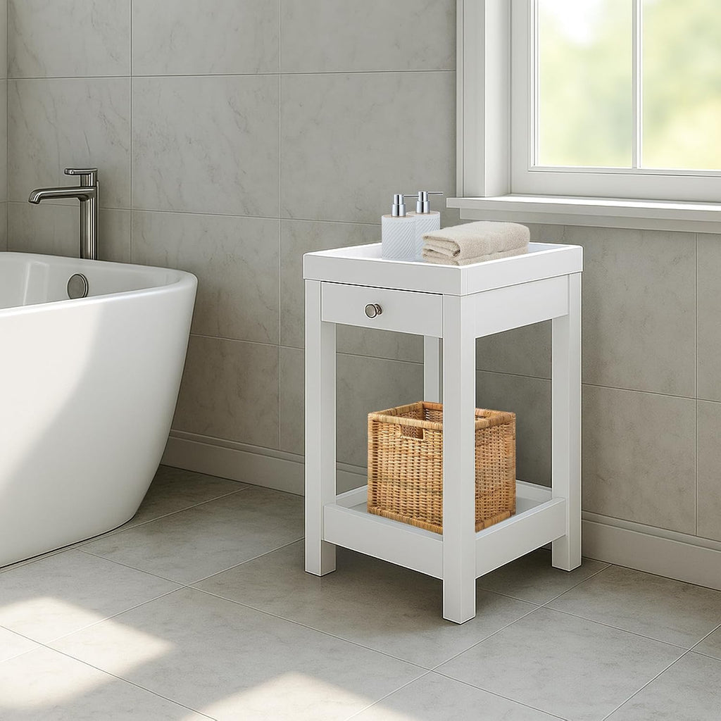 Casual Home Solid Wood Bath Tray Side Table with Drawer, White