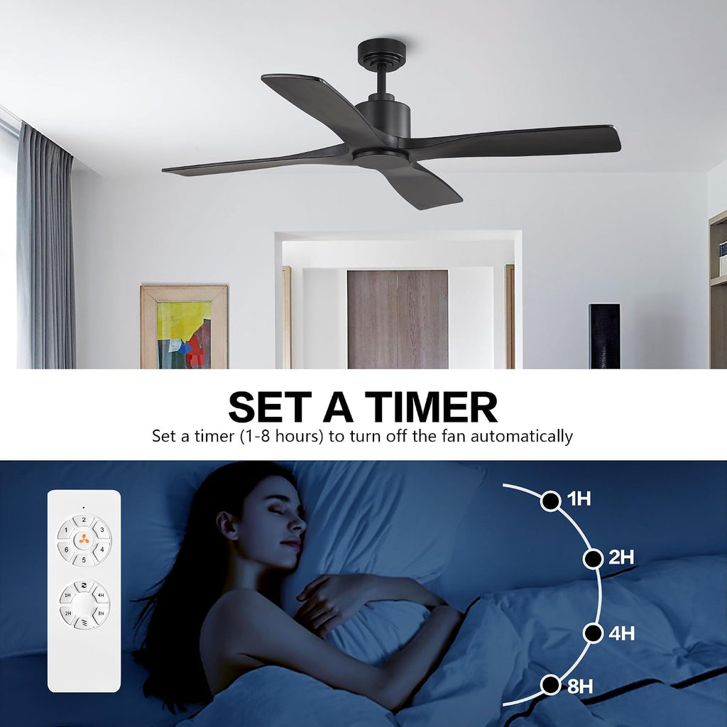 WINGBO 48' DC Ceiling Fan without Lights, 4 Carved Solid Wood Blades, 6-Speed Noiseless Reversible DC Motor, Modern Ceiling Fan No Light with Remote, Matte Black Finish with Black Blades, ETL Listed