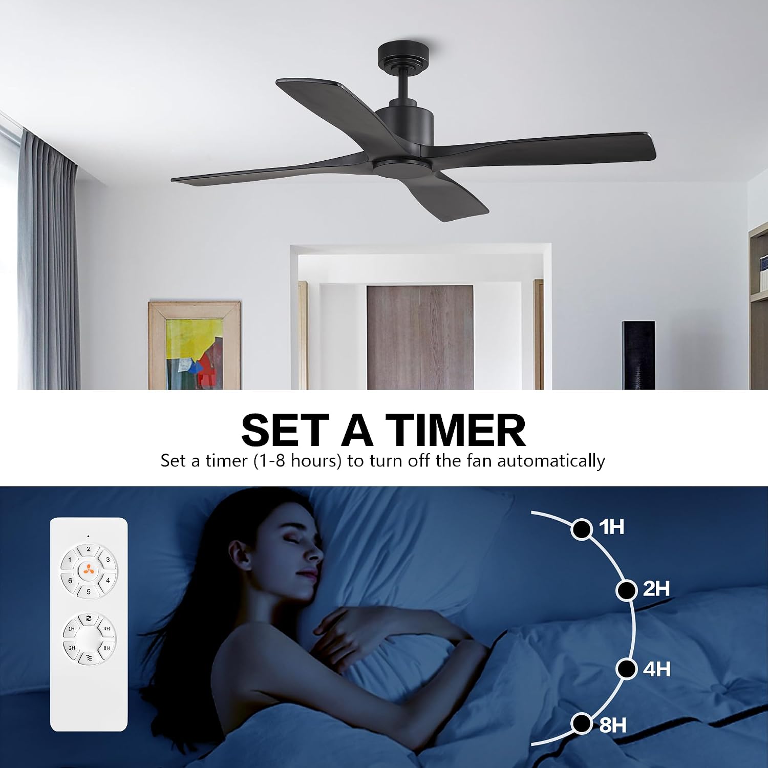 WINGBO 48' DC Ceiling Fan without Lights, 4 Carved Solid Wood Blades, 6-Speed Noiseless Reversible DC Motor, Modern Ceiling Fan No Light with Remote, Matte Black Finish with Black Blades, ETL Listed