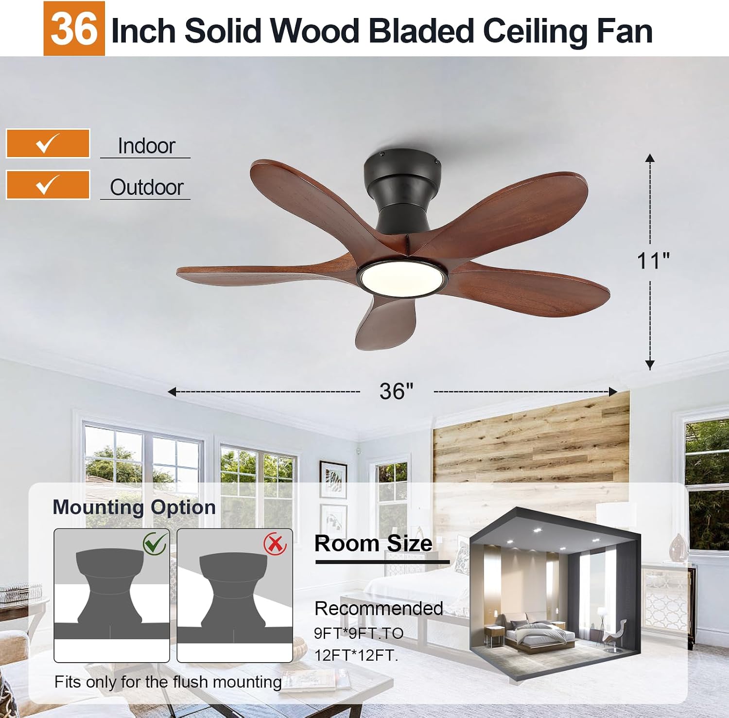36 Inch Wood Flush Mount Ceiling Fans with Lights and Remote, Dimmable 5 Blade Wood Bedroom Ceiling Fan Outdoor Ceiling Fans for Patios Low Profile Ceiling Fan with Light for Bedroom Indoor