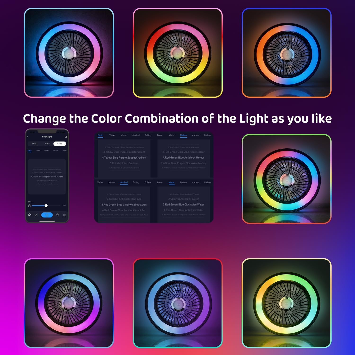 Ceiling Fan with RGB Lights and Speaker Fandelier Caged Low Profile Smart Ceiling Fan Light 2700K-6500K, Flush Mount Fan Light with Remote/APP Control for Garage Game Room Bedroom