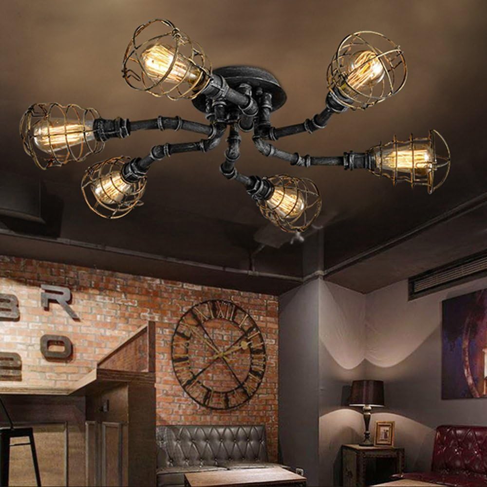 6 Lights Industrial Cage Pipe Pendant Light-LITFAD Retro Rustic Iron Black Metal Vintage Hanging Pendant Lamp Edison Ceiling Chandelier Semi-Flush Fixtures