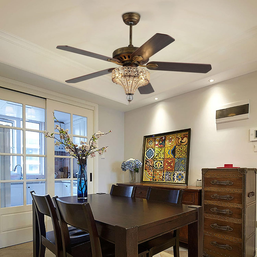 52 Inch Crystal Ceiling Fan, 3-Light Rustic Bronze Ceiling Fan with Lights, Reversible Retro 5 Wood Blades 3 Speeds Timer Light Fixture w/Remote for Kitchen Bedroom Living Room