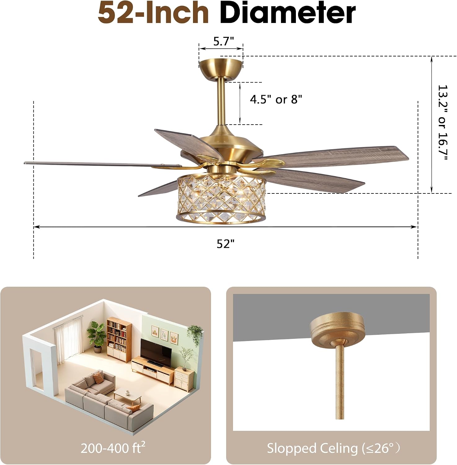 52' Crystal Ceiling Fan with Lights and Remote, Farmhouse Bronze Ceiling Fan, Reversible 5-Blade Ceiling Fan with E12 Light Kit, Rustic Glam Chandelier Fan for Bedroom Living Room Dining Room