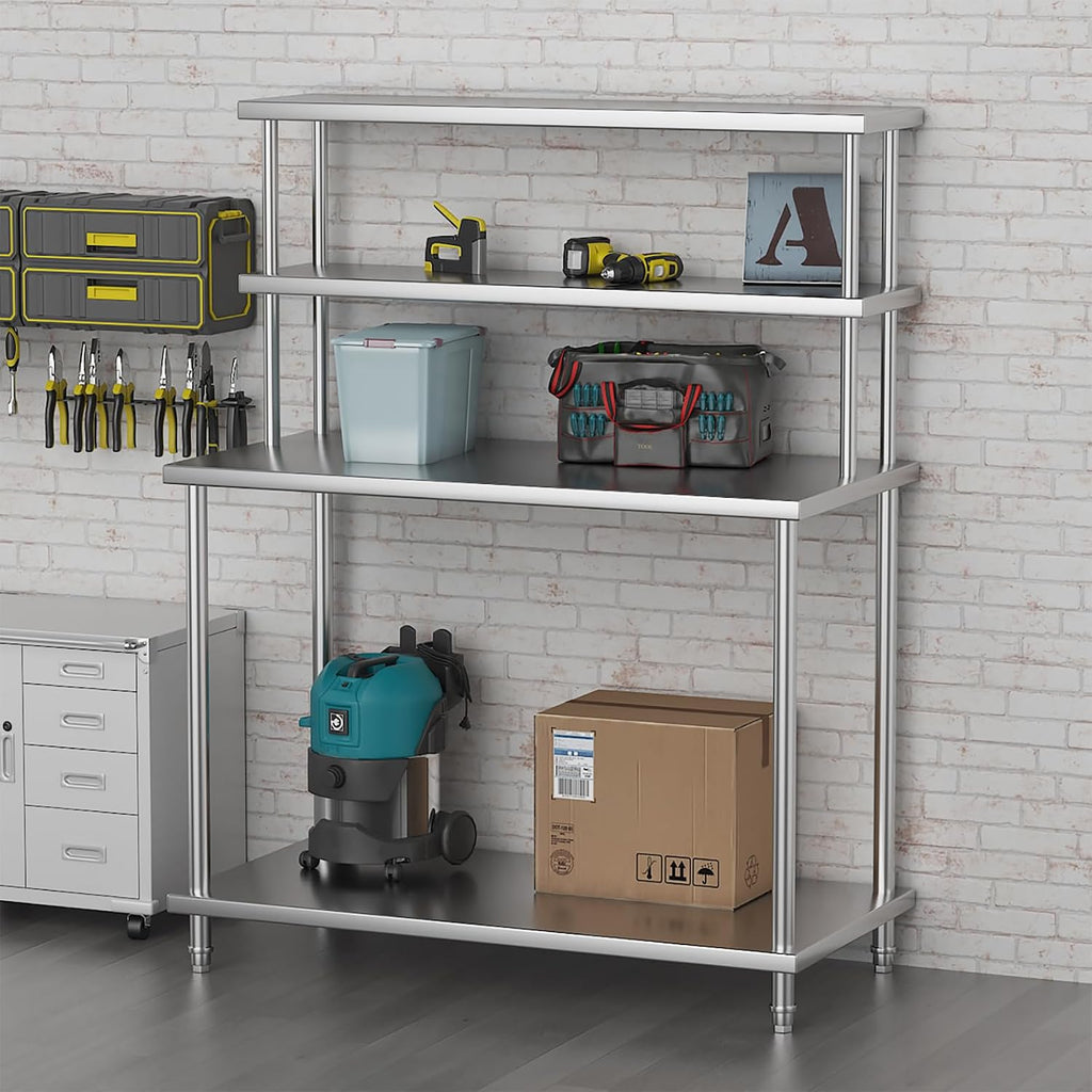 Garvee 48 in x24 in Stainless Steel Table with Shelves, Commercial Kitchen Prep Table with 2 Tier Overshelf, Heavy Duty Metal Worktable for Home Kitchen Restaurant Garage Warehouse