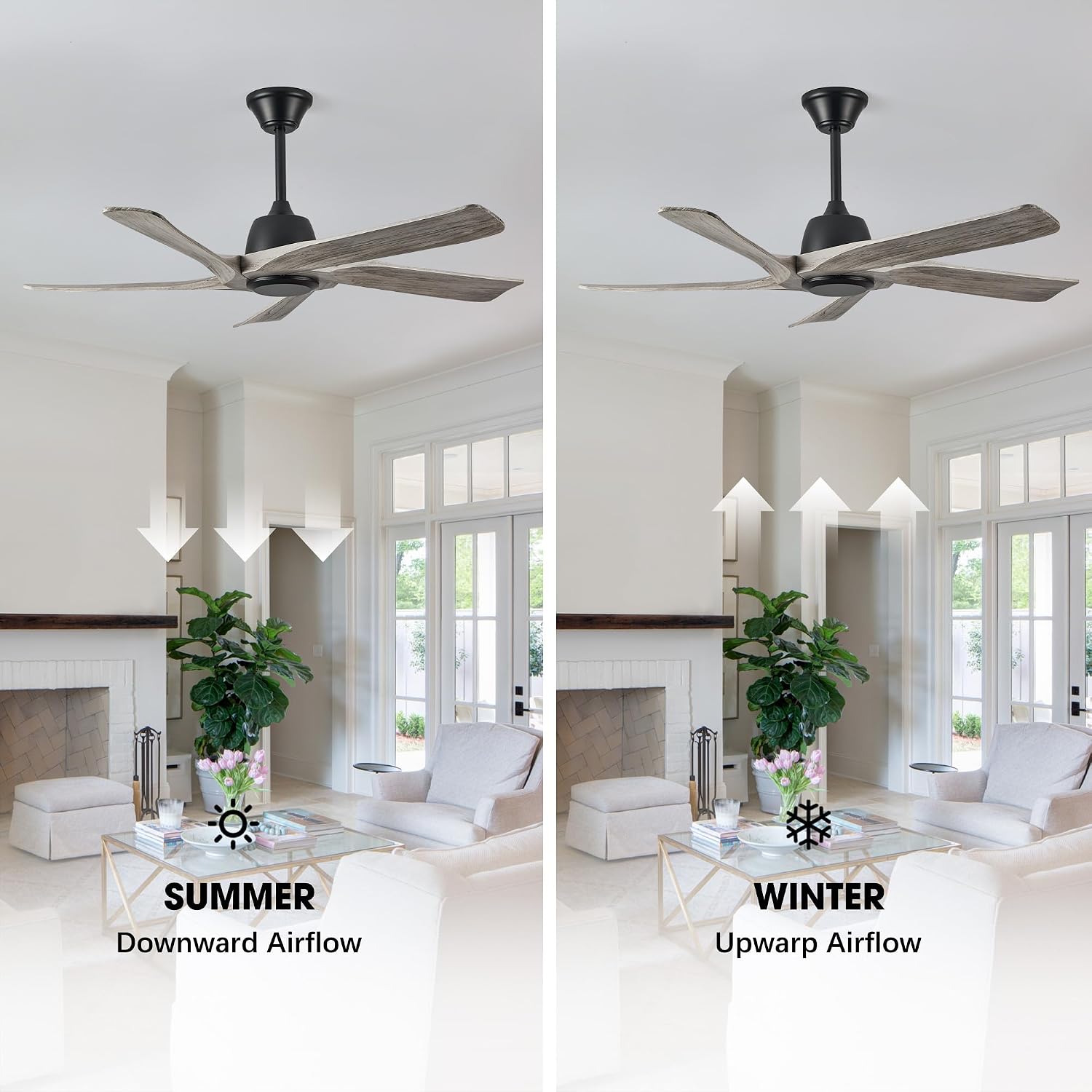 52' DC Ceiling Fan without Light, 5 Solid Wood Fan Blades, Remote and APP Control, 6-speed Reversible, Noiseless Ceiling Fan No Lights for Bedroom, Living Room, Office, Greywood