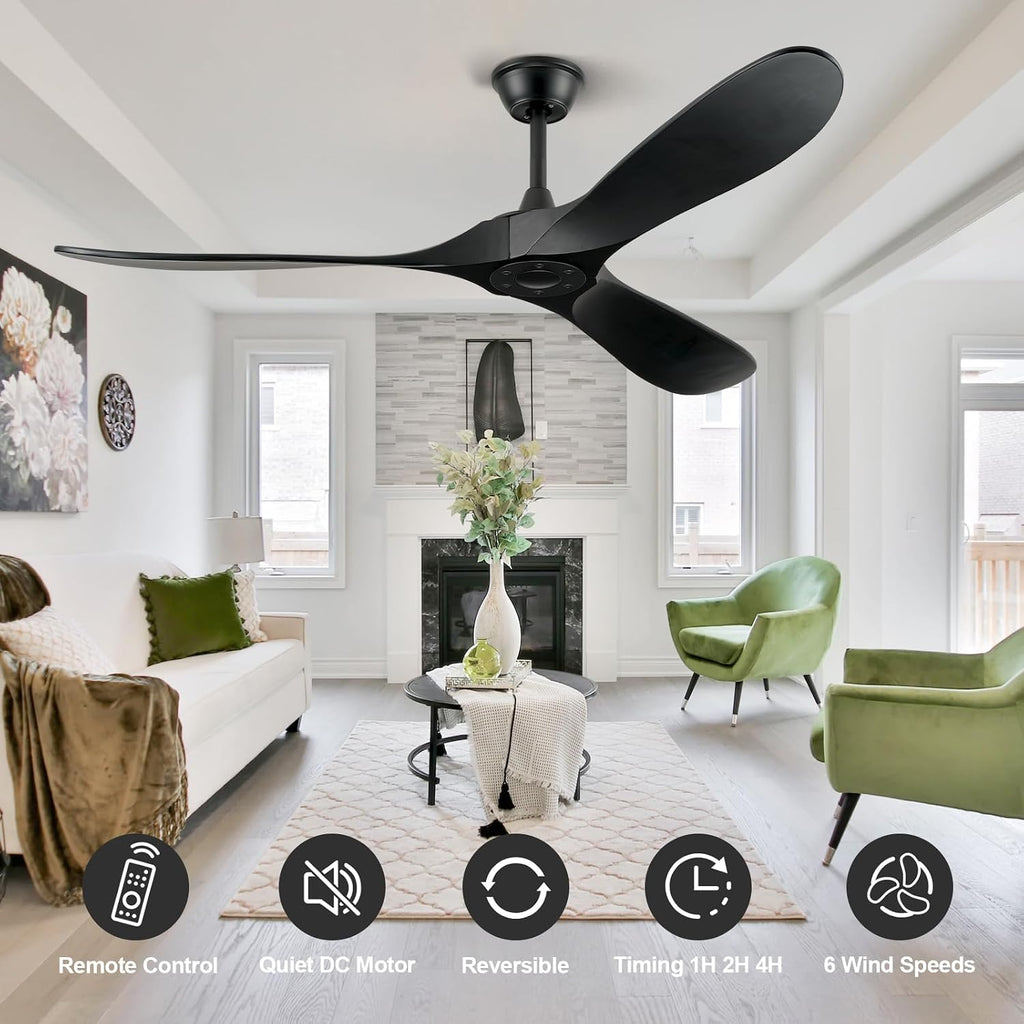 ABZ Ceiling Fans without Lights - 60 Inch Ceiling Fan no Light, Black 3 Blade Solid Wood Indoor Outdoor Ceiling Fan with Remote Control for Patios Living Room Bedroom