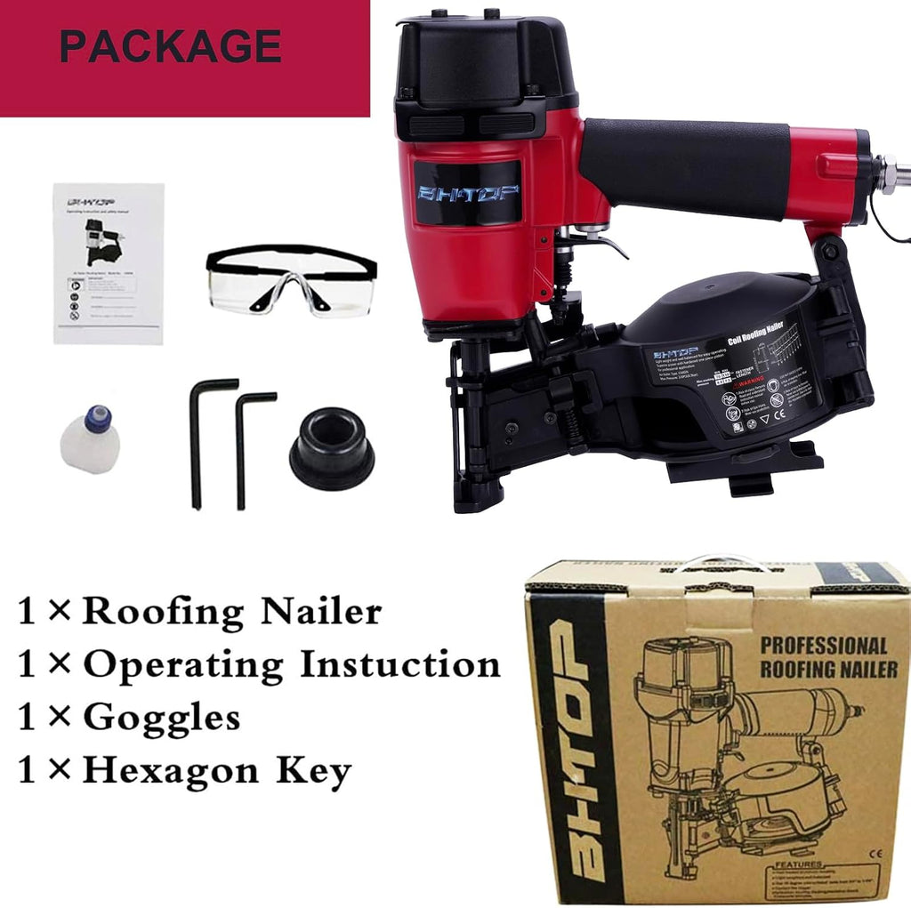 Mexican Red CN45N Roofing Nailer, 15 Degree Roofing Nail Gun, 3/4-Inch to 1-3/4-Inch Coil Nails, 120-pcs Load Capacity Coil Nailer