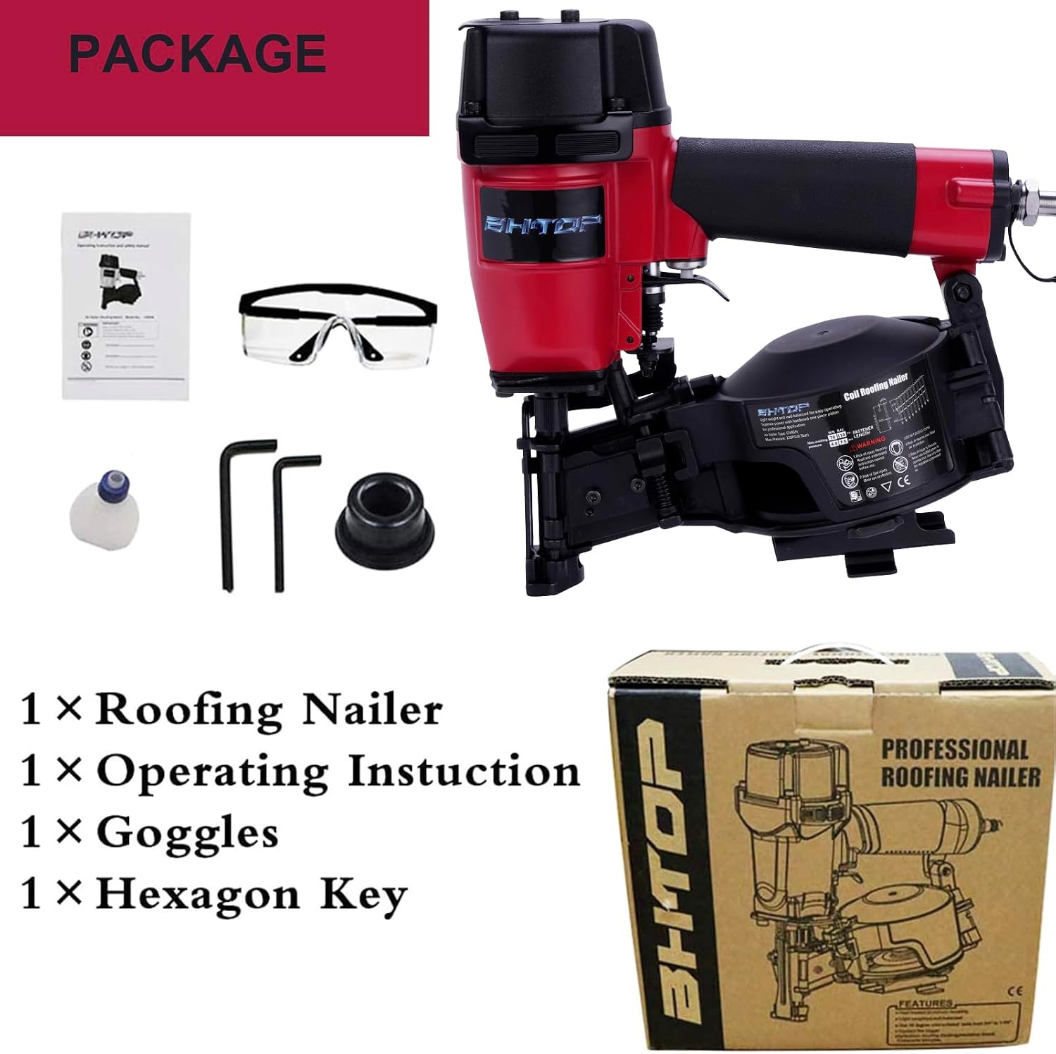 Mexican Red CN45N Roofing Nailer, 15 Degree Roofing Nail Gun, 3/4-Inch to 1-3/4-Inch Coil Nails, 120-pcs Load Capacity Coil Nailer