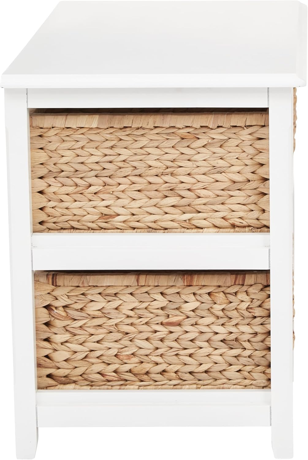 OSP Home Furnishings Seabrook Storage Tower with Solid Wood Frame and Natural Baskets, 2-Tier, 4-Drawer, White Finish